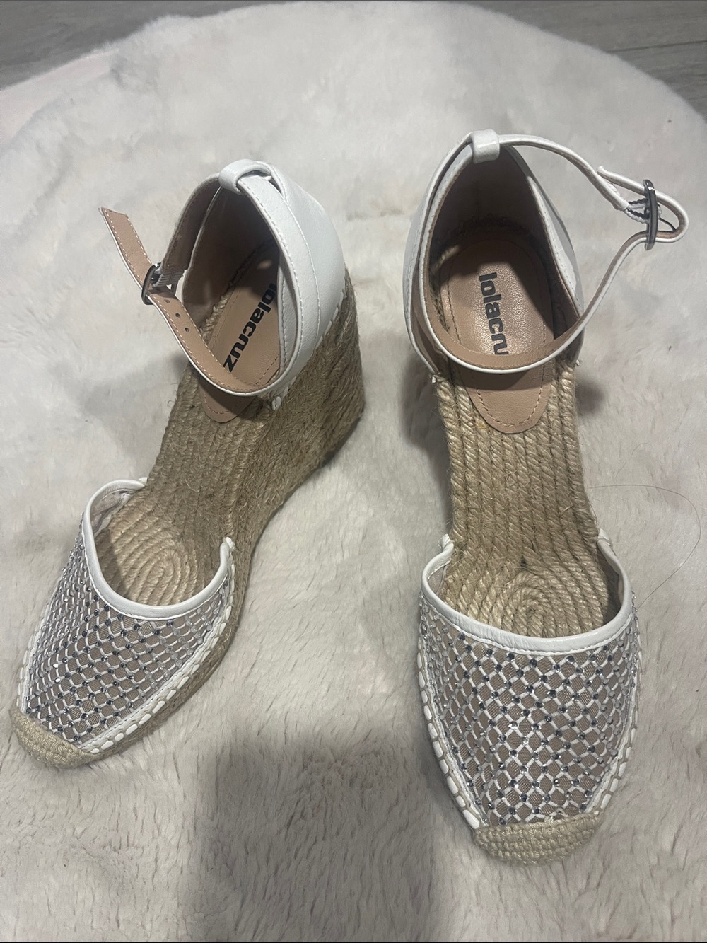 White Woven Espadrille Wedge Sandals with Ankle Strap